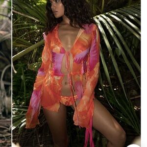 Rat & Boa Fiametta Blouse Tie Orange Pink SemiSheer Top Shirt Bikini Small